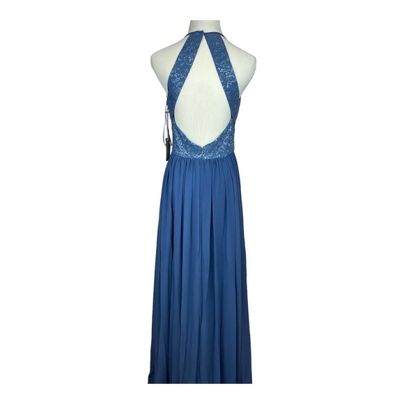 NWT Vera Wang Blue Fog Metallic Lace Full Length Halter Gown Size 6 - Picture 2 of 7